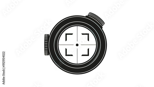 Silhouette of a scope with adjustment knobs and reticle on a white background