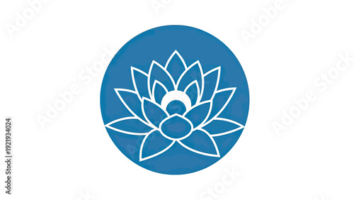 A stylized lotus flower design, in white, rests on a blue circular backdrop