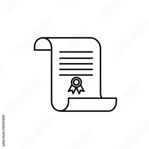 Line drawing of a document, certificate or diploma with a ribbon and horizontal lines