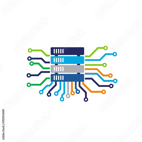 Colorful circuit board graphic with rectangular components and connecting lines on a white background