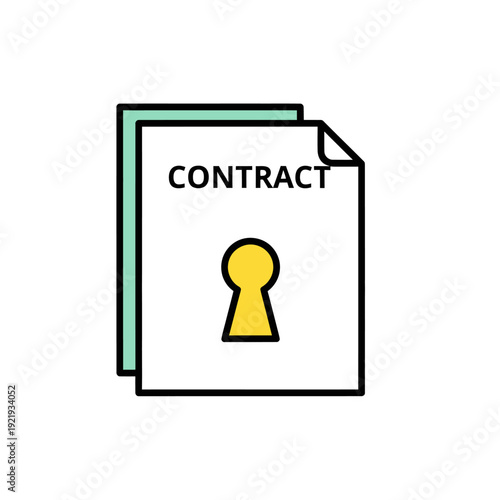 A contract icon, featuring papers, keyhole, and text, rendered in a flat design style