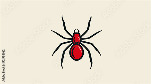 A stylized spider illustration, featuring a red body and contrasting black legs