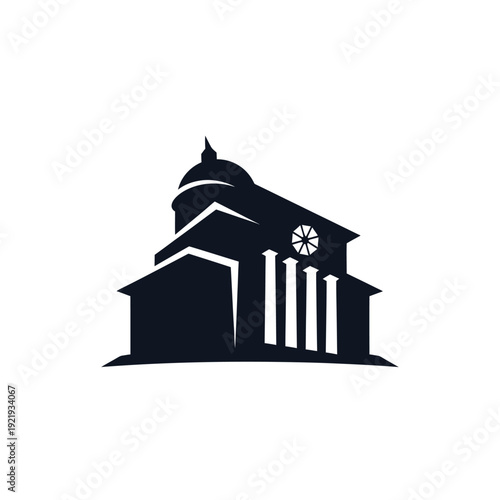 Silhouette of a building with a domed roof and columns, abstract design