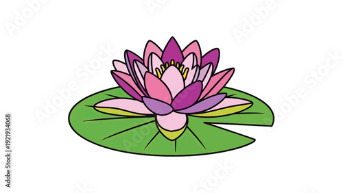 A colorful, cartoonish water lily in full bloom rests on a green lily pad