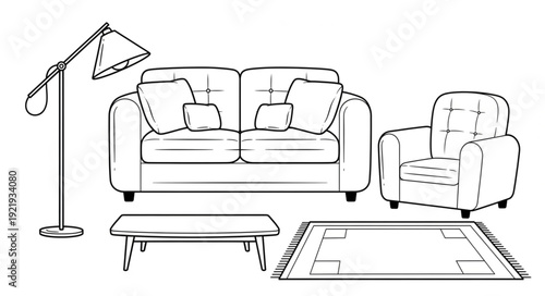 Living room furniture sketch with sofa armchair rug and lamp.