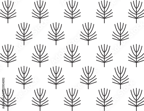 Seamless pattern of stylized black pine needles or leaves on a white background texture