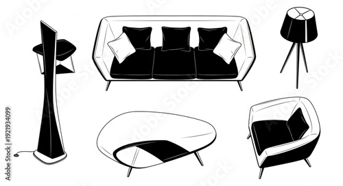 Elegant furniture arrangement featuring a sofa, armchair, lamp, and coffee table, all in a stylish design.