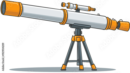 A cartoon telescope in shades of gray, white, and orange, on a tripod. The device is angled slightly upward