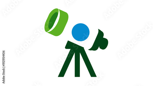 Simplified illustration of a telescope, featuring a lens, a blue sphere, and a tripod base