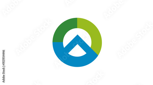 Circular graphic with a partial ring, a mountain shape, and three sections of color