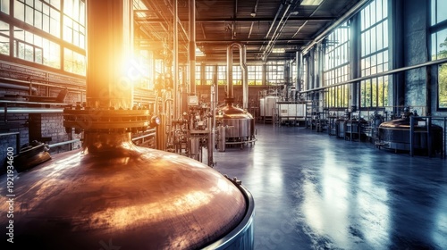 Advanced Industrial Brewery Production Facility with Copper Tanks and Natural Sunlight