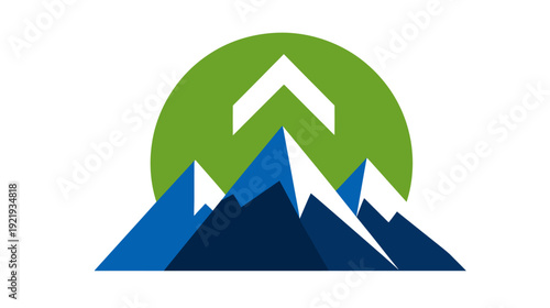 Stylized mountain range with a green circle background and a white upward arrow