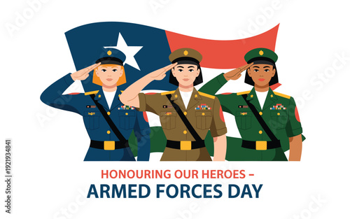 A vector graphic illustration of soldiers saluting in front of a flag on Armed Forces Day