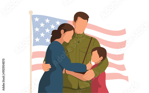 A vector graphic illustration of a military family embracing in front of an American flag