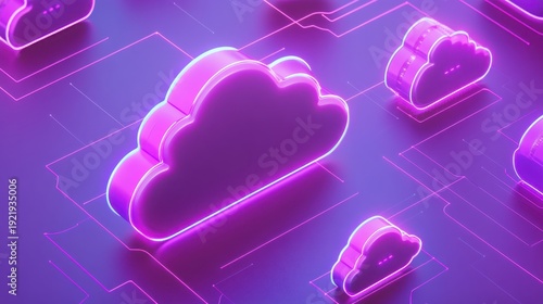 Abstract glowing 3D cloud servers with secure data network visualization in minimalist style