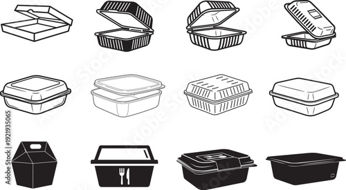 Food container icon set, Collection of disposable food containers and packaging boxes illustrations