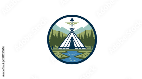 A circular emblem depicts a teepee in a serene landscape with mountains, trees, and a river