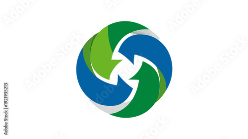 Circular design comprised of four curving arrows, colored blue, green, and light grey