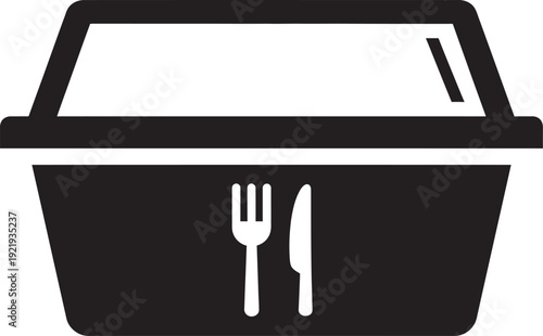 Open food container illustration, Takeaway food container with fork and knife icon, simple black and white illustration