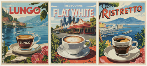 Retro triptych of coffee travel posters featuring Lungo, Flat White, and Ristretto with scenic city, lakeside, and coastal backdrops in bold, illustrative style