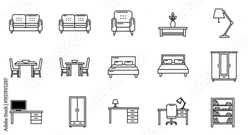 Collection of hand drawn furniture icons for interior design.