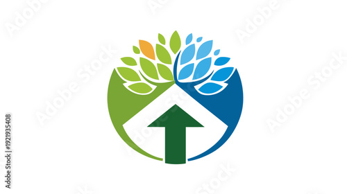 A vibrant logo featuring a tree-like design within a circle, with an upward-pointing arrow
