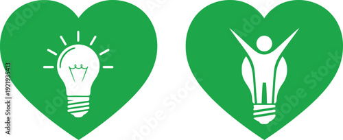 Green heart shaped icons with lightbulb and human figures