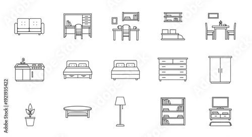Collection of Hand Drawn Furniture Icons for Interior Design.
