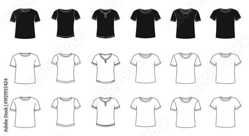 T-shirt mockups show various necklines in solid colors.