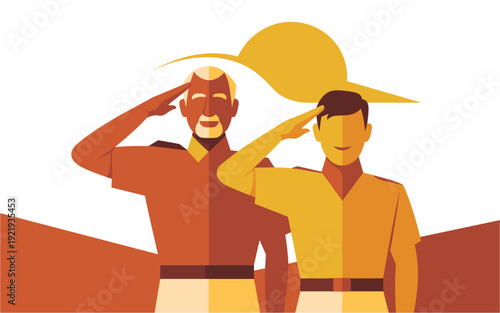 A vector graphic illustration of two men saluting in a minimalist flat design style