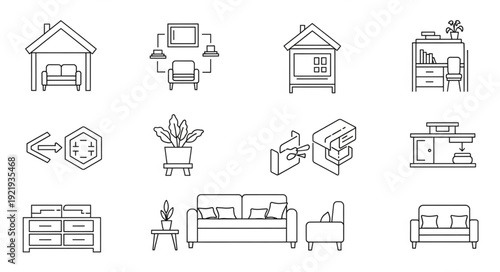 Collection of hand drawn furniture and home interior icons.