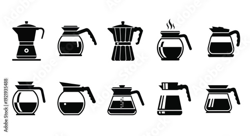 Multiple stylized coffee makers and glass carafes are shown.