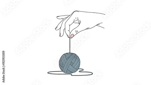 Line drawing of a human hand holding a blue ball of yarn by a single thread with loose yarn on the floor against a white background.