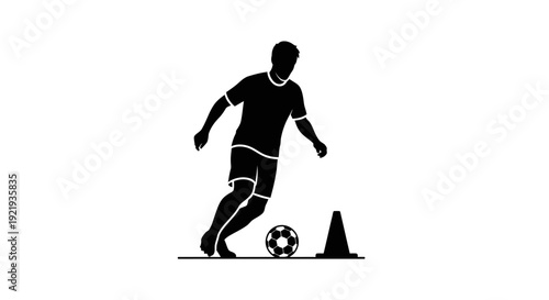 Soccer player kicking ball silhouette.