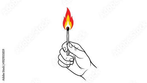 Black and white line drawing of a human hand holding a wooden matchstick with a bright red and yellow flame at the tip against white.