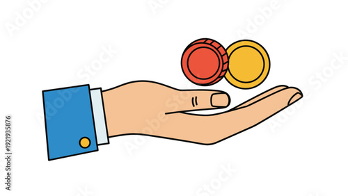 Human hand in a blue sleeve held out with two large coins, one red and one yellow, floating just above the palm against a white background.