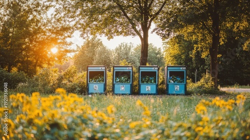 Four blue recycling bins lined up in a grassy urban park setting bathed in warm sunlight near trees and foliage.