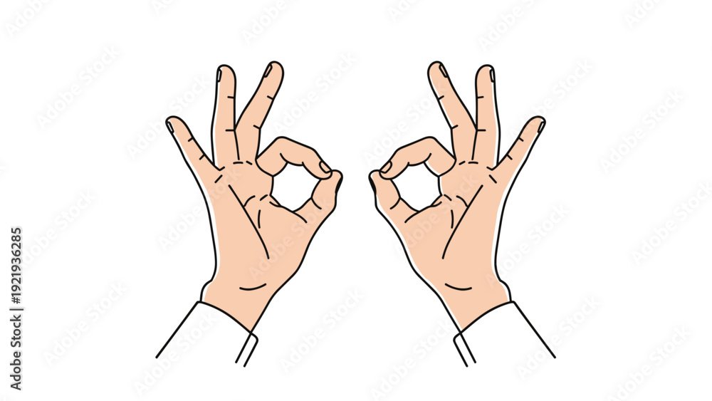 Fototapeta premium Pair of human hands making simultaneous OK gestures toward the center against a white background to show double approval or perfection.