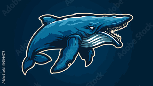 A stylized illustration of a blue whale, showing its sharp teeth and fins, set against a dark background