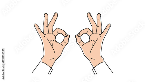 Pair of human hands making simultaneous OK gestures toward the center against a white background to show double approval or perfection.
