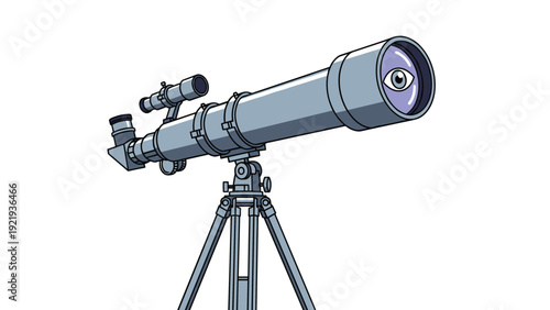 Professional astronomical telescope on a tripod features a human eye looking back through the lens as a metaphor for observation and vision.