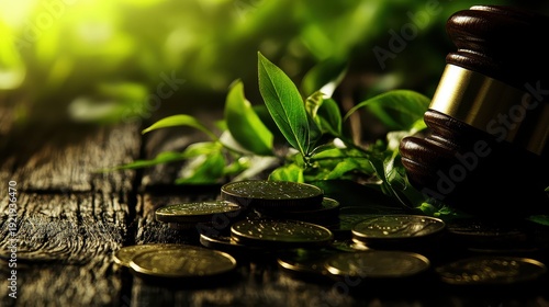 Coins with a growing plant symbolizing financial investment and prosperity in natural light.