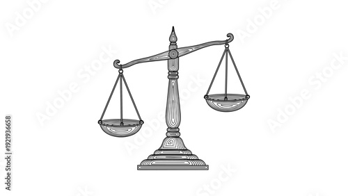 Classic scales of justice with a central pillar and two hanging pans represent legal balance and judicial fairness in a court system.