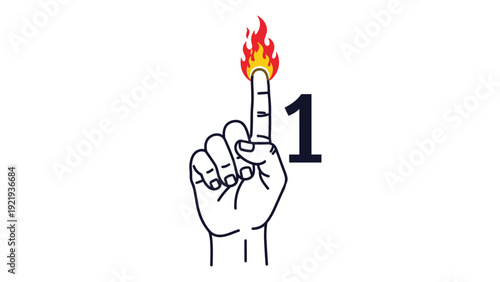 Human hand points upwards with the index finger on fire next to a bold number one representing a first place goal or top achievement.