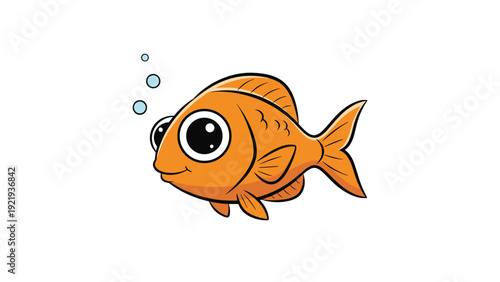 Small orange goldfish with large expressive eyes swims happily with tiny air bubbles rising in a clear water aquarium environment.