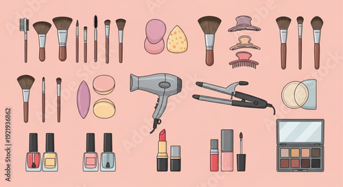 Collection of makeup and beauty products arranged on a pink background.