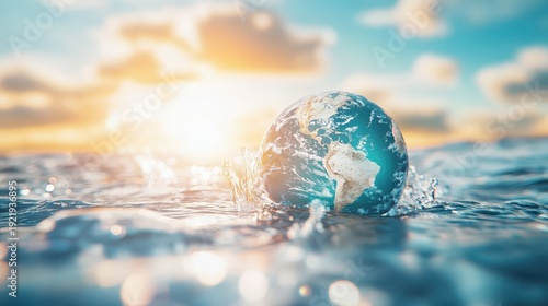 Earth partially submerged in water with sunlight reflecting, symbolizing climate change and global warming challenges.