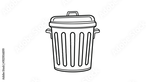 Classic metal or plastic trash can with a lid and side handles used for waste disposal and maintaining cleanliness in public areas.