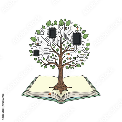 An illustration of a tree grows out of an open book with circuit boards and microchips.