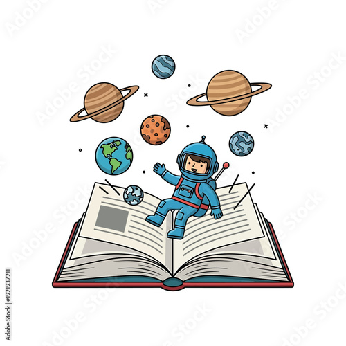 Astronaut emerging from an open book, surrounded by planets and stars in a whimsical illustration.